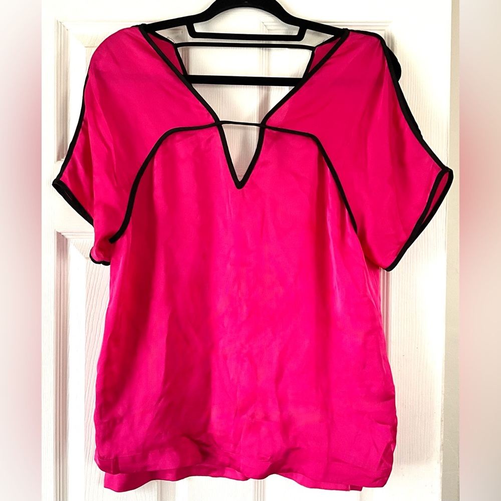 Bebe Women’s Hot Pink Split-Neck Blouse with Black Trim